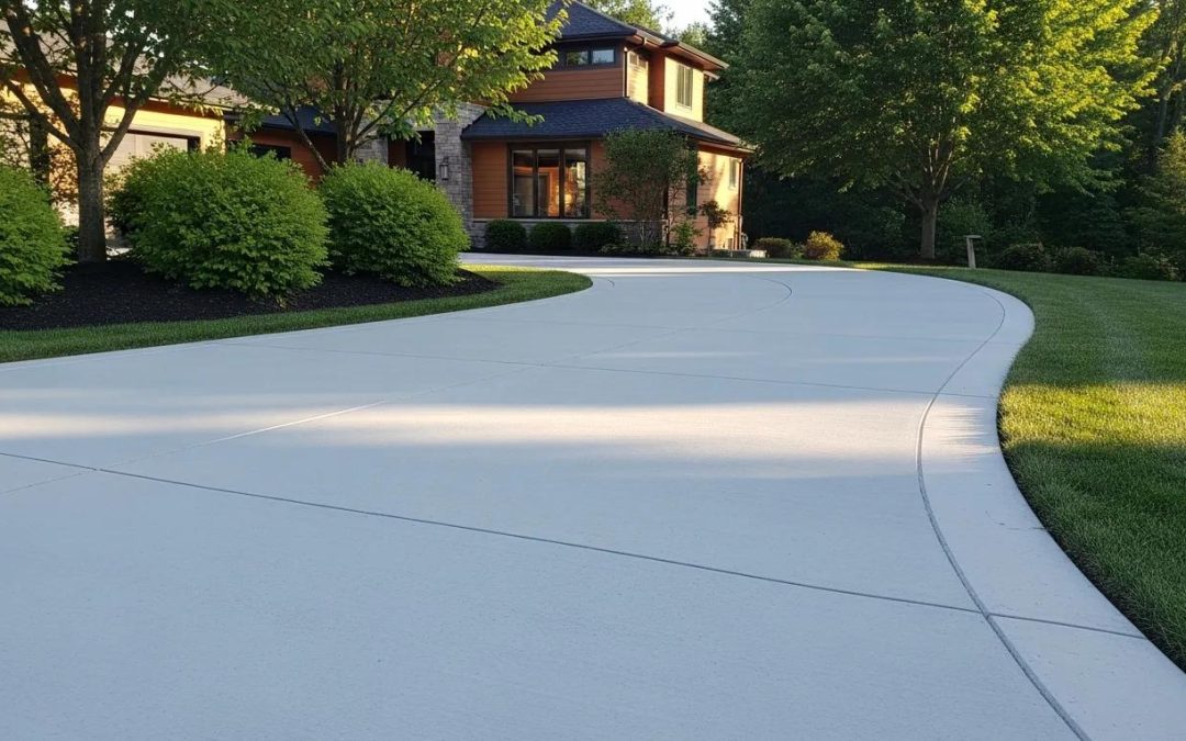 Freshly poured concrete driveway in a residential setting, showcasing thickness and durability, surrounded by landscaped greenery and a modern home.