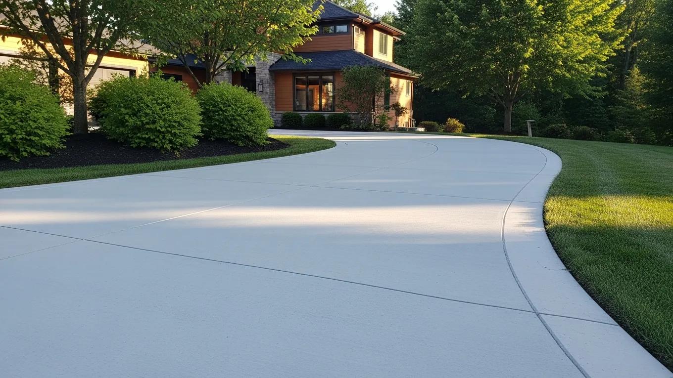 Freshly poured concrete driveway in a residential setting, showcasing smooth surface, thickness, and durability, surrounded by lush greenery and landscaping.