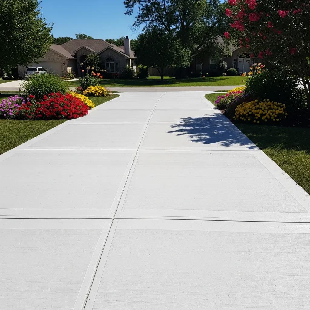 Freshly resurfaced concrete driveway with smooth texture, bordered by vibrant flower beds, showcasing aesthetic appeal and durability in residential setting.