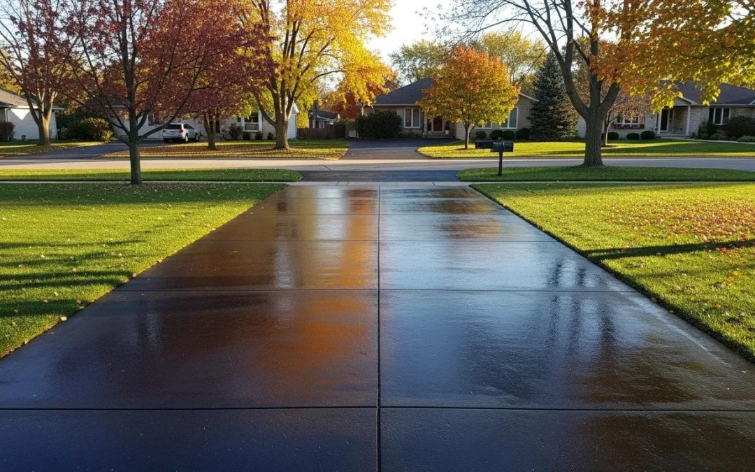 Freshly sealed concrete driveway in Wisconsin, showcasing smooth surface and surrounding greenery