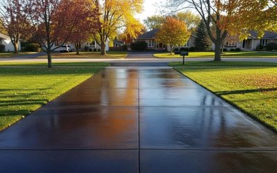 Freshly sealed concrete driveway in Wisconsin, showcasing a smooth surface and vibrant fall foliage in the surrounding greenery, emphasizing maintenance for winter durability.