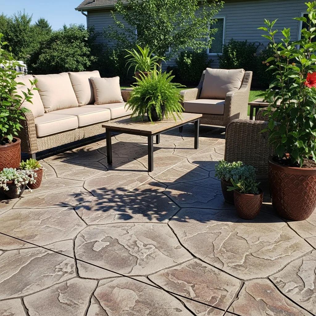 Freshly stamped concrete patio resembling natural stone, featuring outdoor furniture, potted plants, and a green landscape backdrop.