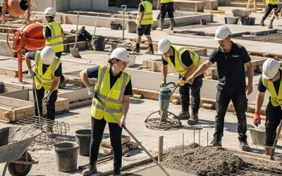 Group of diverse apprentices engaged in hands-on concrete training at a construction site, wearing safety helmets and vests, working with tools and equipment to learn concrete installation techniques.