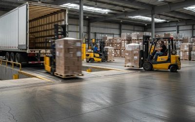 Heavy-duty concrete loading dock with industrial forklifts transporting pallets, showcasing operational efficiency and durability in a warehouse setting.