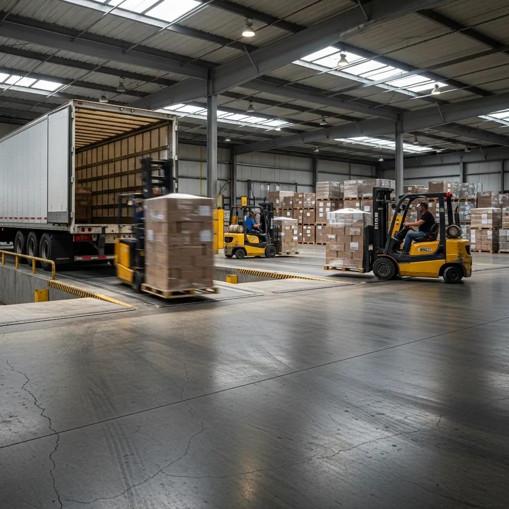 Heavy-duty concrete loading dock with forklifts unloading pallets from a truck, showcasing industrial efficiency and robust construction for operational success.