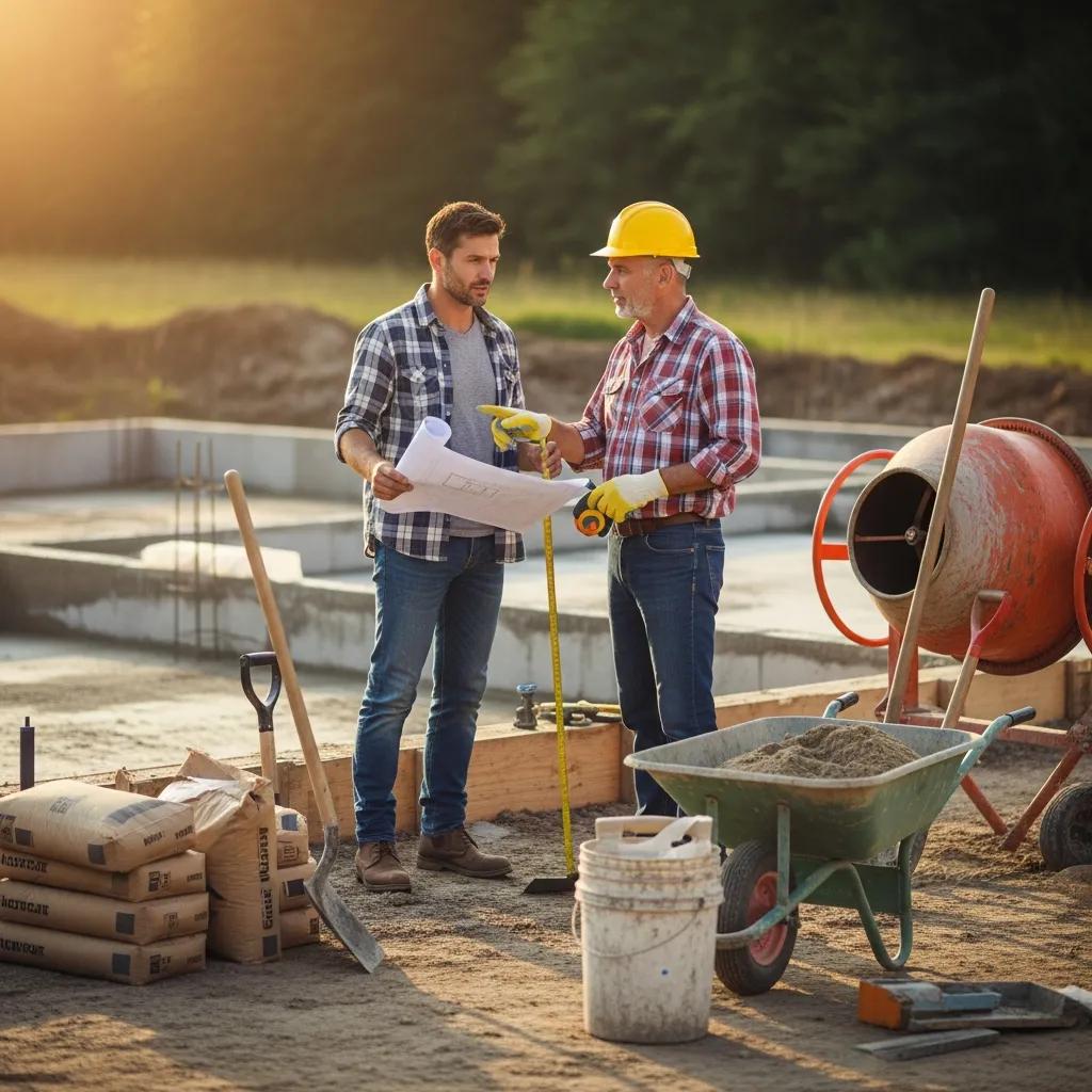 Homeowner consulting with a concrete contractor at a construction site, discussing project plans with blueprints, surrounded by construction materials and equipment.
