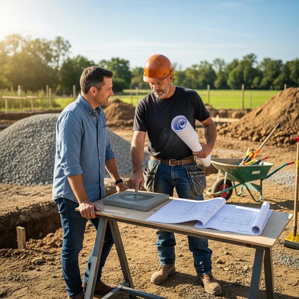 Homeowner consulting with concrete contractor at construction site, discussing concrete driveway installation plans over blueprints and a concrete sample.