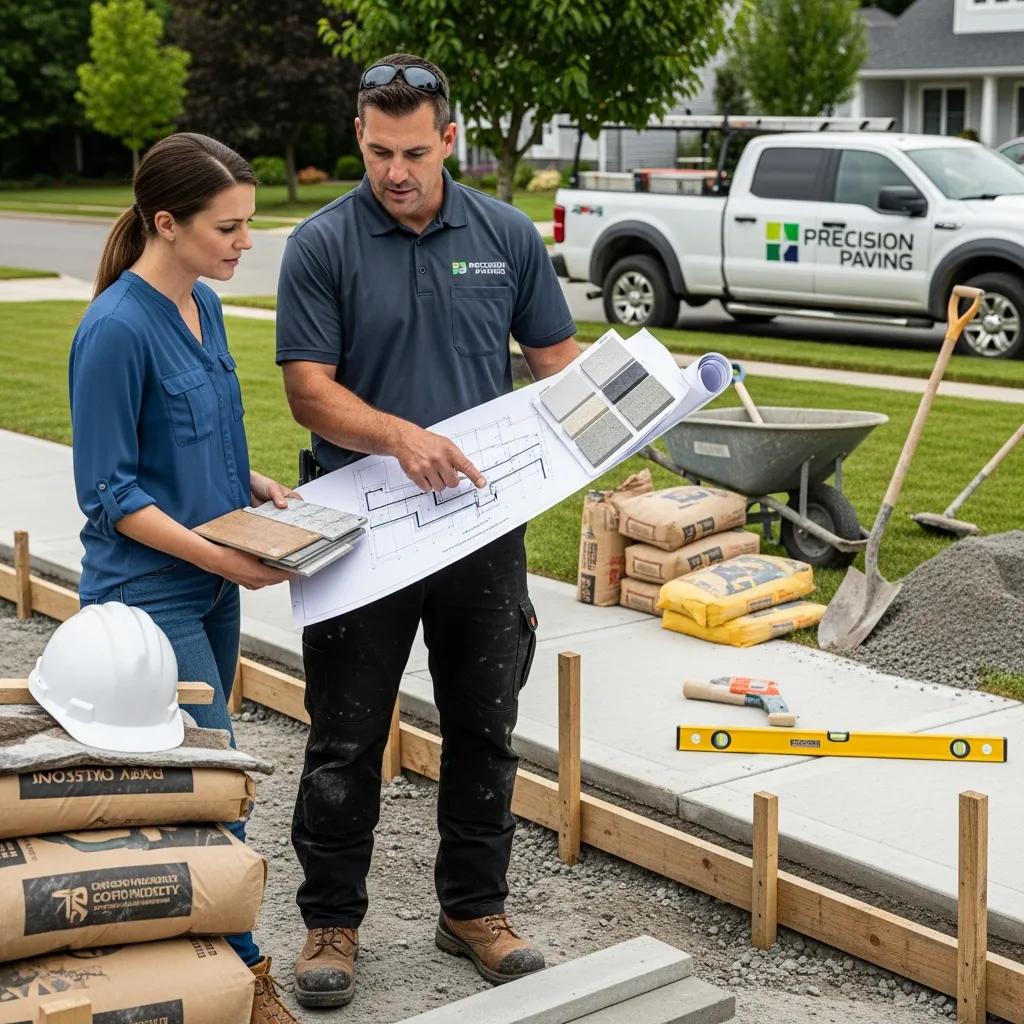 Homeowner consulting with contractor about sidewalk construction options