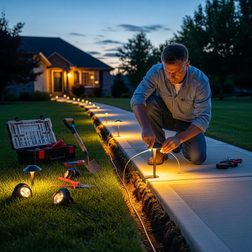 Homeowner installing outdoor pathway lights along a concrete walkway, demonstrating the installation process with tools and illuminated fixtures in a residential setting.