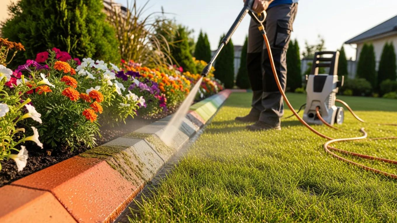 Person using a pressure washer to clean colorful concrete borders alongside vibrant flower beds in a well-maintained garden, emphasizing maintenance for long-lasting colored concrete.