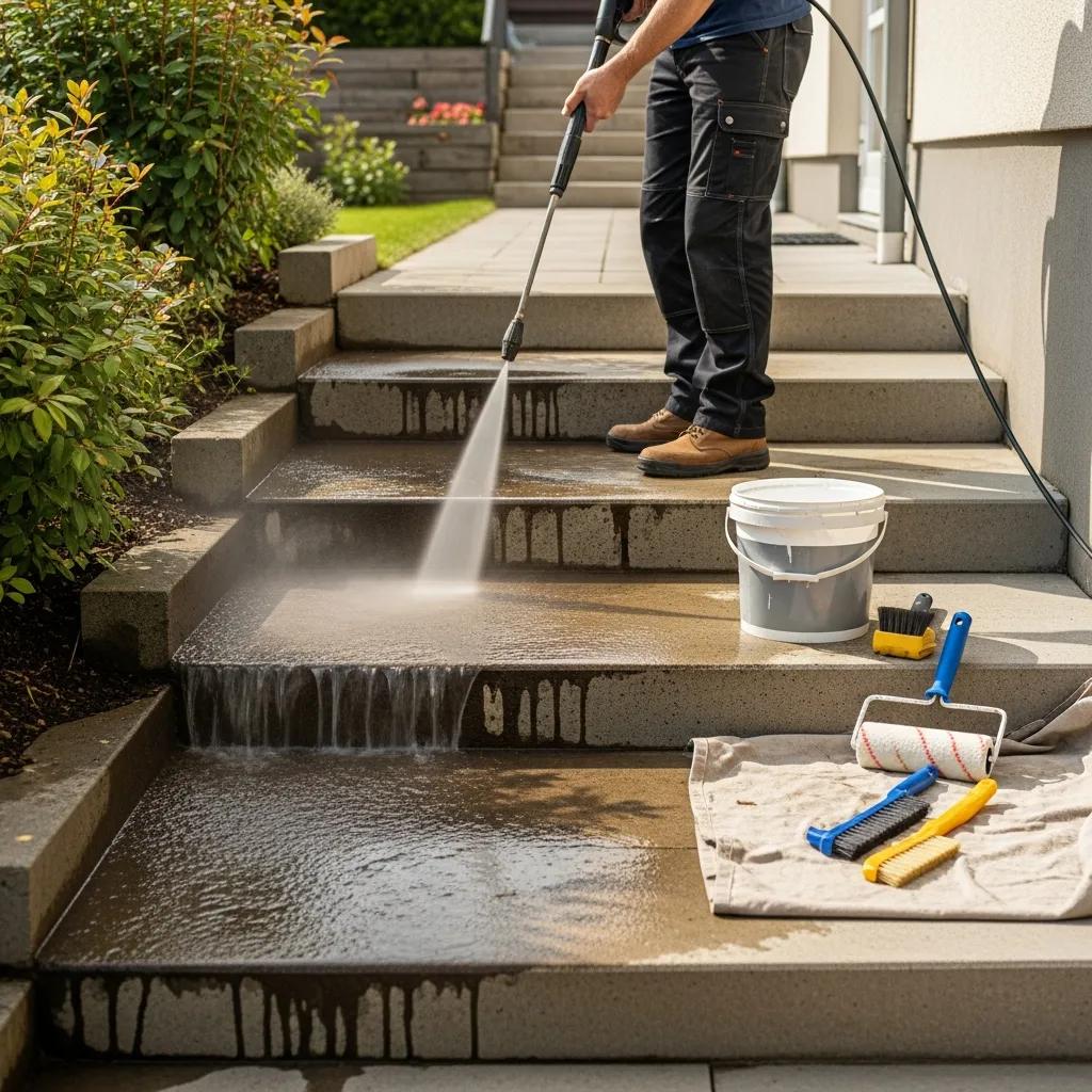 Homeowner cleaning concrete steps with a pressure washer, surrounded by cleaning tools and a bucket, emphasizing maintenance for long-term durability.