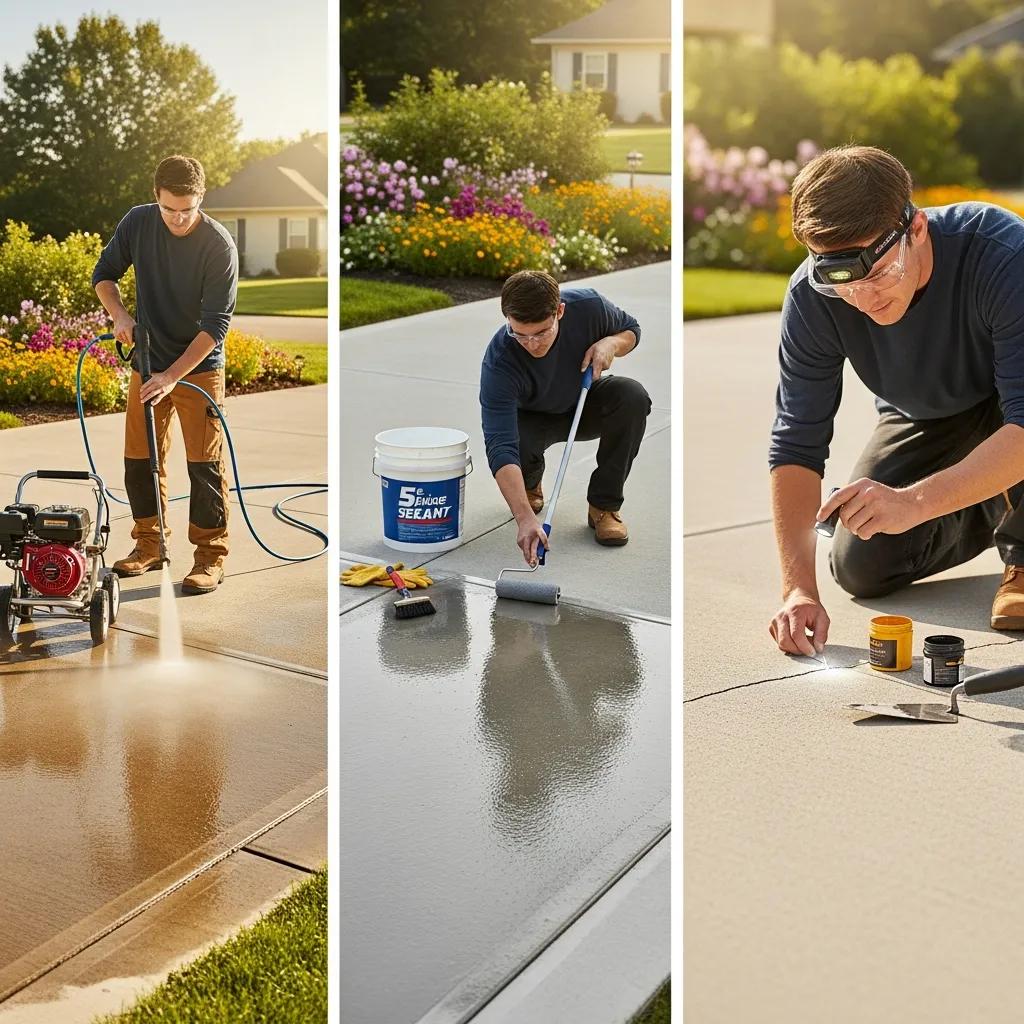 Homeowner using a pressure washer and applying sealant to a concrete driveway, demonstrating maintenance practices to enhance durability and appearance.