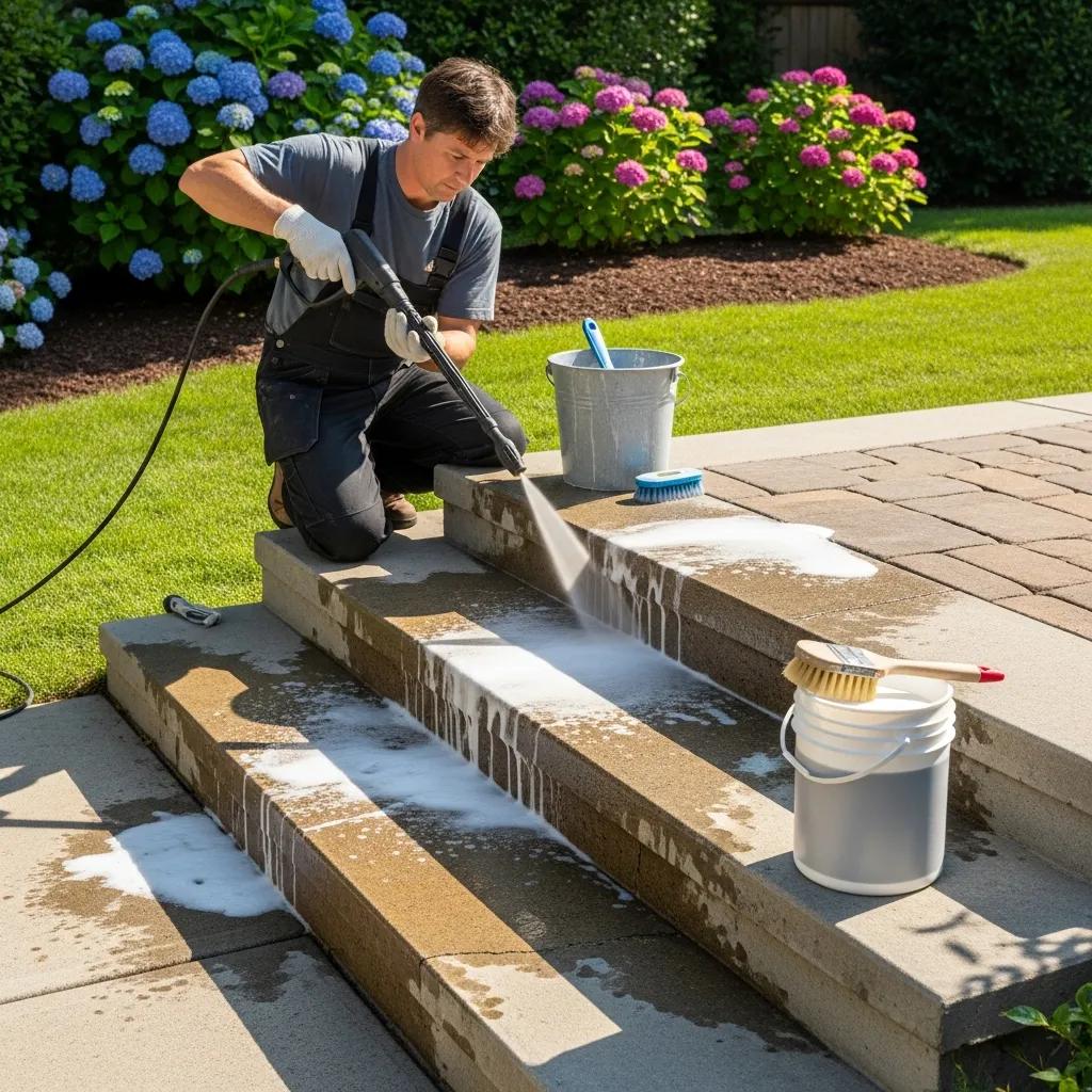 Homeowner performing maintenance on concrete steps using a pressure washer, demonstrating best practices for care and cleanliness in residential settings.