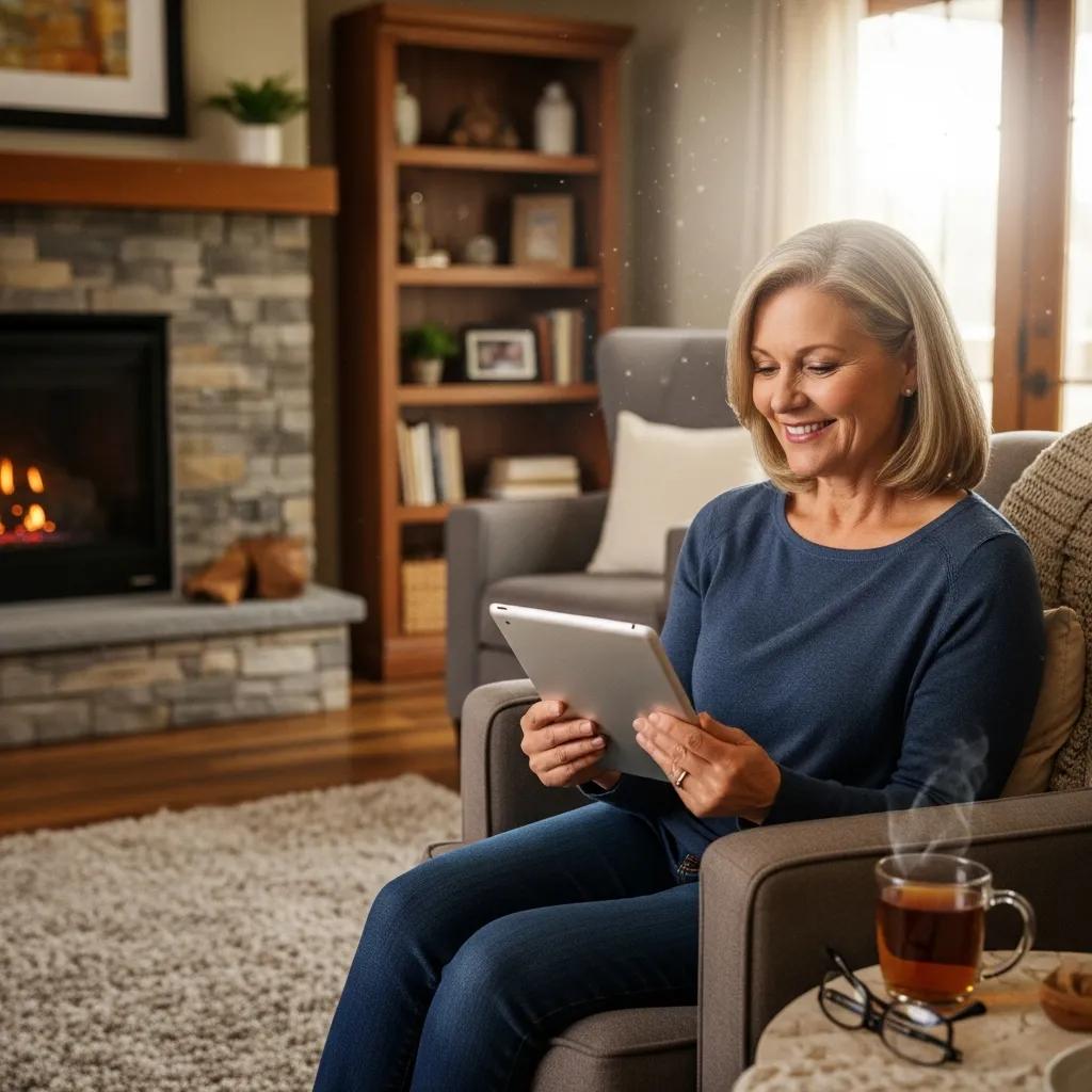 Homeowner reading customer testimonials on a tablet in a cozy living room setting, with a fireplace and a cup of tea nearby, emphasizing the importance of contractor reliability and customer satisfaction.