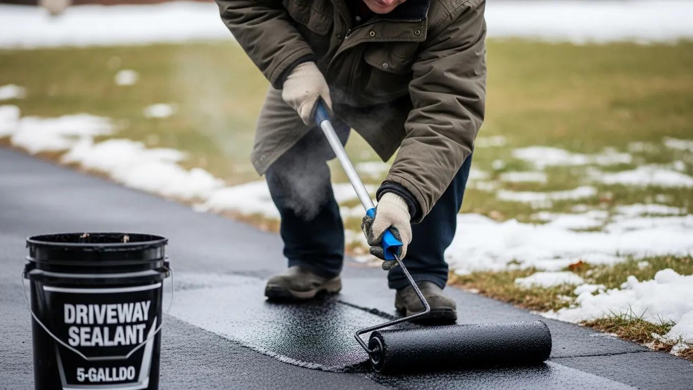 Homeowner sealing an asphalt driveway in winter, illustrating effective maintenance practices