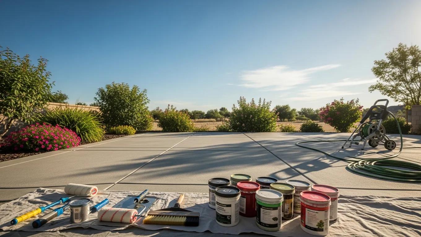 Ideal outdoor conditions for concrete staining, showcasing clear skies and a prepared surface