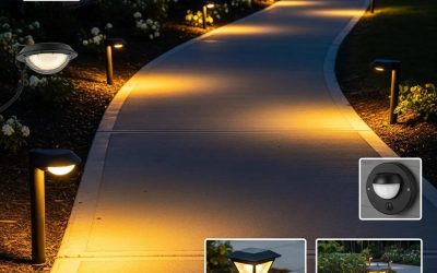 Illuminated concrete walkway featuring LED solar and motion sensor lights enhancing safety and aesthetics in outdoor spaces.