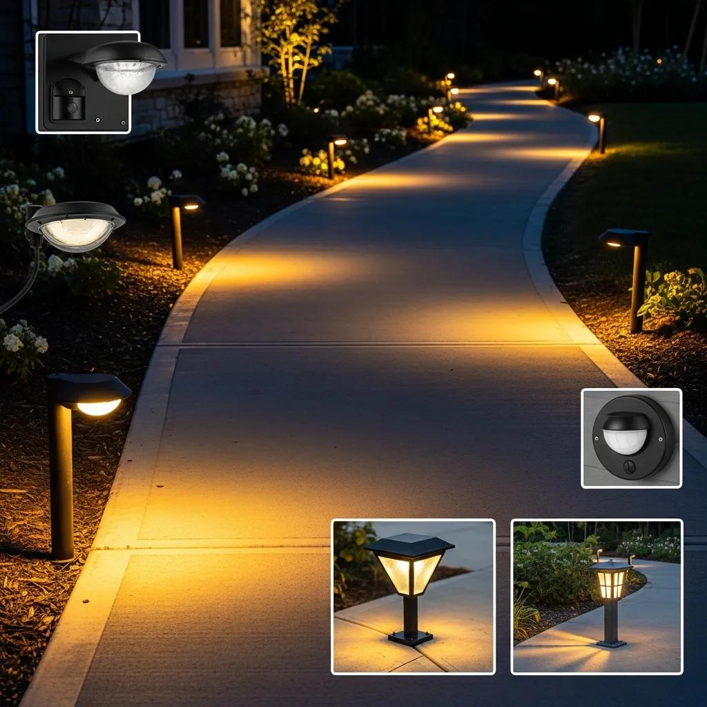 Illuminated concrete walkway featuring LED and motion sensor lights, enhancing safety and aesthetics in outdoor spaces.