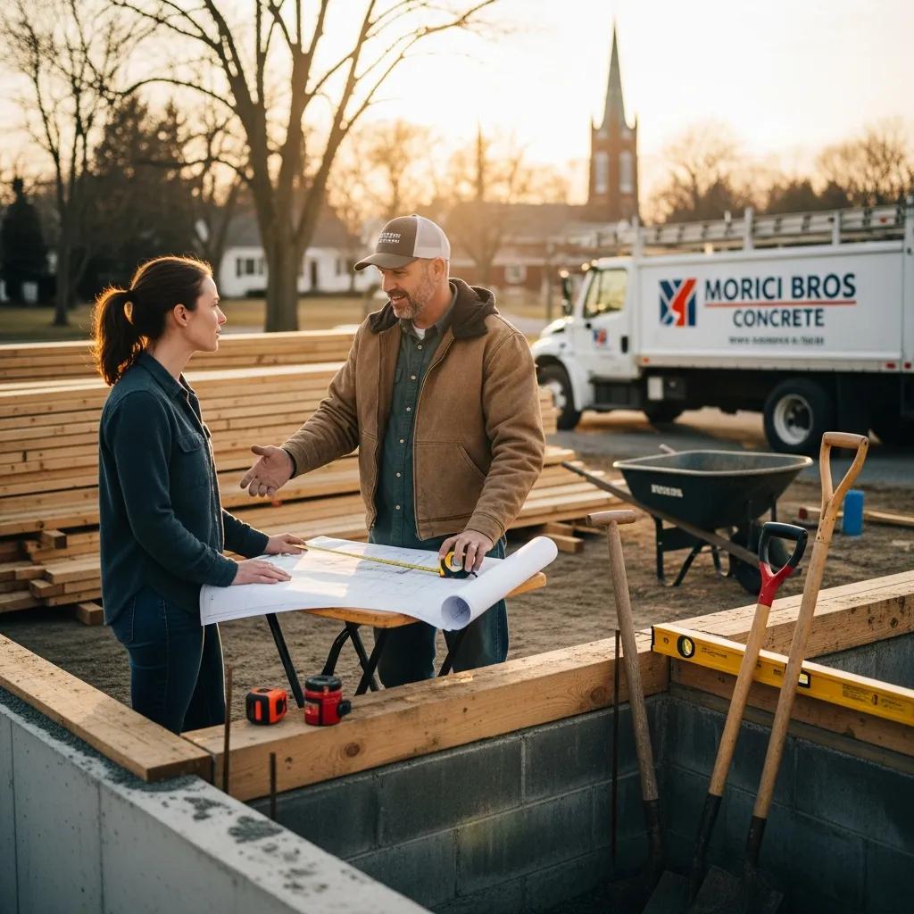 Local contractor discussing concrete project plans with homeowner at construction site, featuring blueprints and Morici Bros Concrete branding on truck in background.