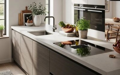 Modern kitchen featuring sleek concrete countertops, open layout, and stylish design elements, emphasizing durability and aesthetic appeal for home transformation.