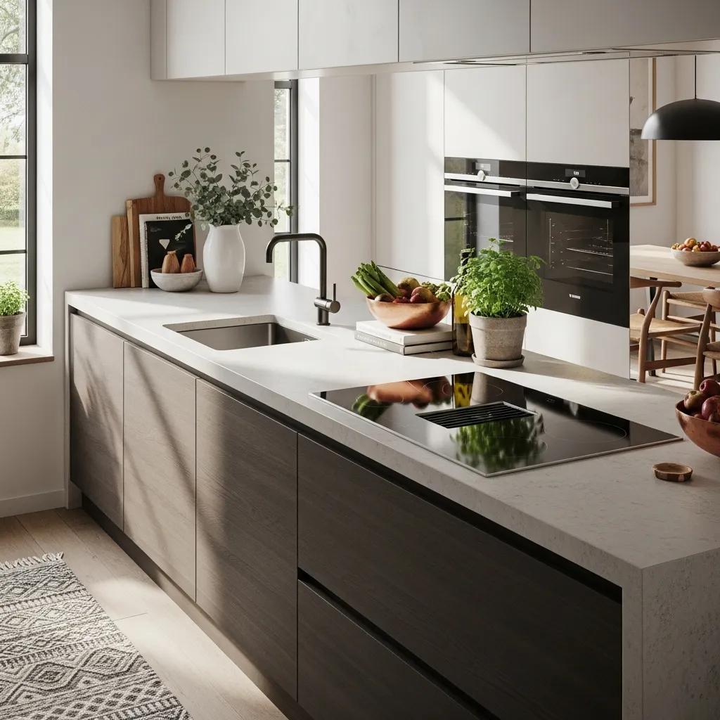 Modern kitchen featuring sleek concrete countertop, integrated sink, and stylish cabinetry, showcasing durability and design appeal for residential and commercial spaces.