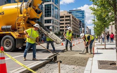 Workers pouring concrete for municipal sidewalks and curbs in an urban setting, showcasing a concrete truck and construction activity.