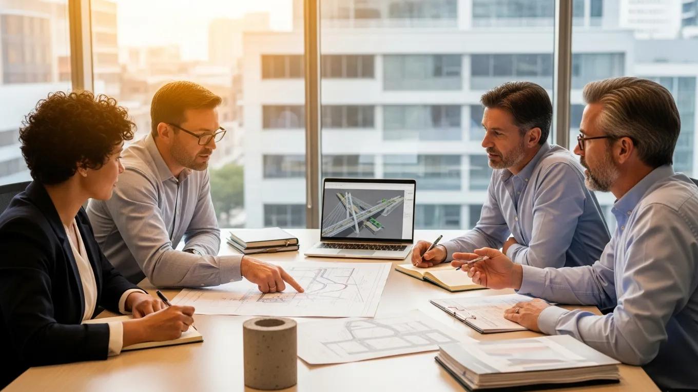 Municipal officials discussing concrete infrastructure plans in a modern office setting, with blueprints and a laptop displaying project designs.
