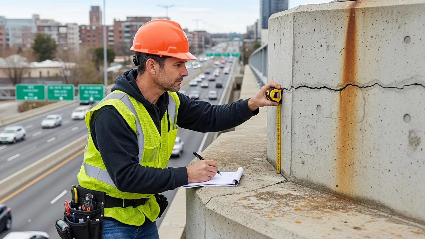 Municipal worker inspecting concrete infrastructure for damage with measuring tape and notebook in urban setting, emphasizing assessment techniques for infrastructure replacement.