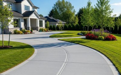 Newly installed concrete driveway enhancing curb appeal with landscaped garden and trees.