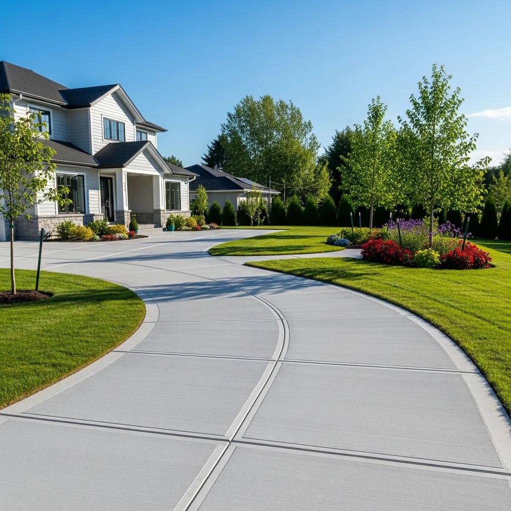 Newly installed concrete driveway showcasing durability and aesthetic appeal, surrounded by well-maintained landscaping and a modern home.