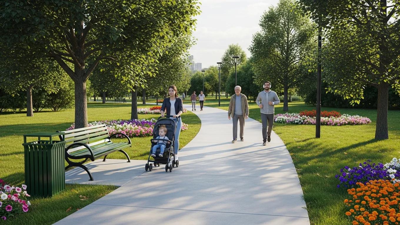 Newly installed concrete sidewalk in a public park with pedestrians