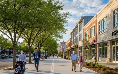 Newly installed concrete sidewalk in an urban area, featuring pedestrians walking, trees lining the path, and modern buildings along the street, highlighting safe and accessible routes for community use.