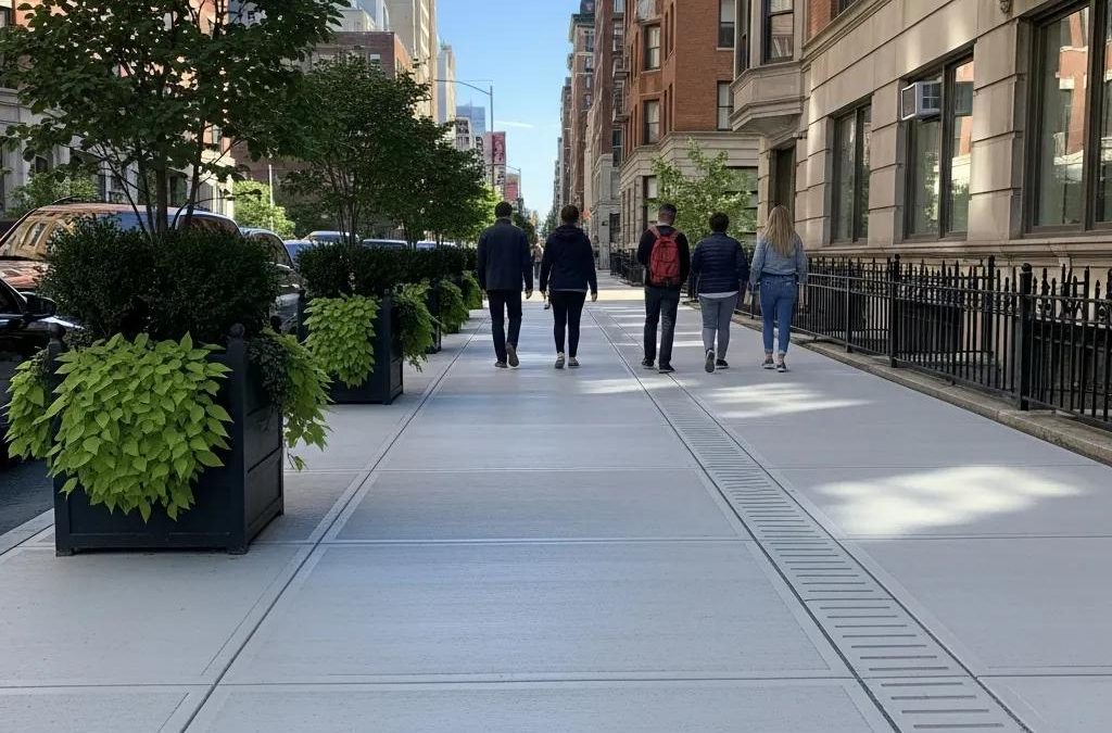 Newly installed concrete sidewalk in an urban setting with pedestrians walking alongside planters and greenery, highlighting durable walkway solutions for residential and commercial properties in Waukesha, WI.