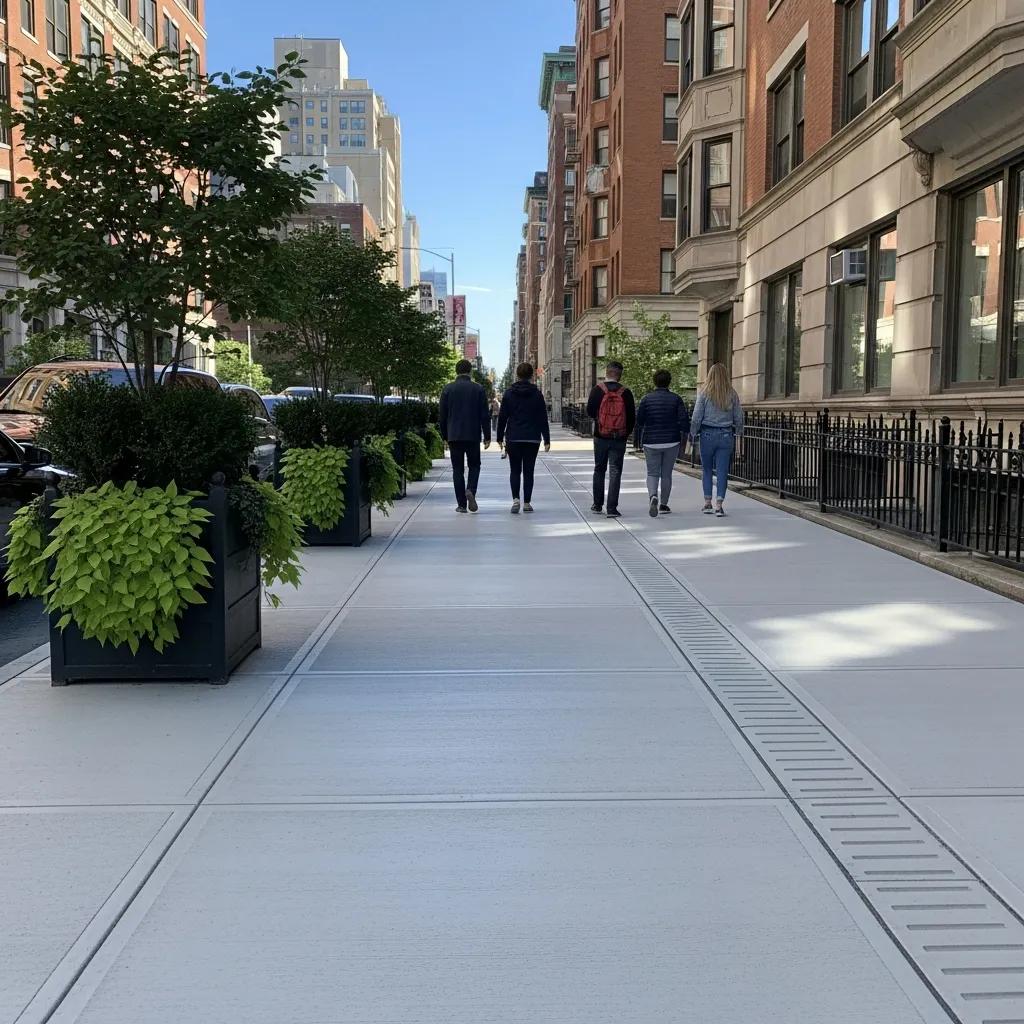 Newly installed concrete sidewalk in urban setting with pedestrians walking, surrounded by planters and buildings, showcasing durable walkway solutions for Waukesha, WI.