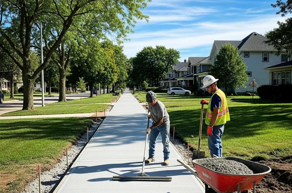 Newly installed concrete sidewalk with workers in South Milwaukee, highlighting quality craftsmanship
