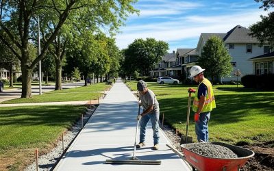 Workers installing a newly poured concrete sidewalk in South Milwaukee, showcasing quality craftsmanship and attention to detail in residential surroundings.