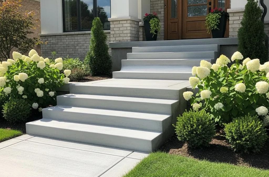Newly installed concrete steps surrounded by lush greenery and hydrangeas, enhancing home safety and curb appeal in a residential setting.