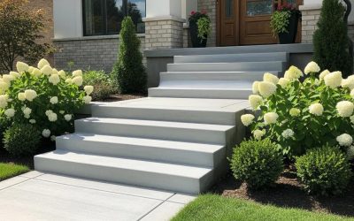 Newly installed concrete steps leading to a home entrance, surrounded by lush green landscaping and white hydrangeas, enhancing safety and aesthetic appeal.