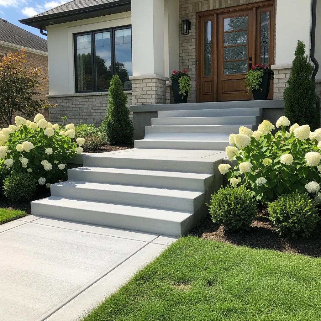 Newly installed concrete steps enhancing home safety and curb appeal, surrounded by landscaped greenery and flowers, showcasing professional concrete work.