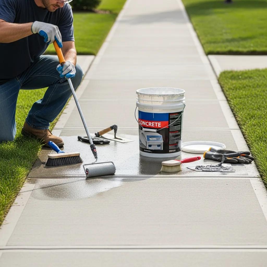 Person applying concrete sealer to maintain sidewalk durability