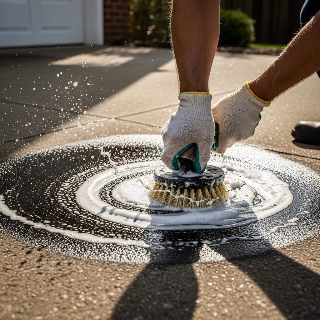 Person scrubbing a concrete surface with a degreaser to remove oil stains, surrounded by soap suds and splashes, showcasing effective cleaning techniques for concrete maintenance.