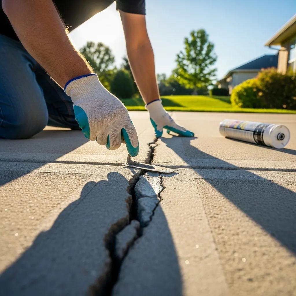 Person applying filler to a crack in a concrete driveway