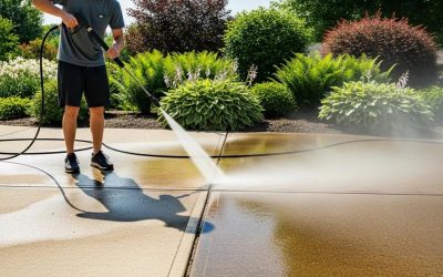 Person pressure washing a concrete driveway, showcasing effective cleaning techniques amidst a landscaped outdoor setting.