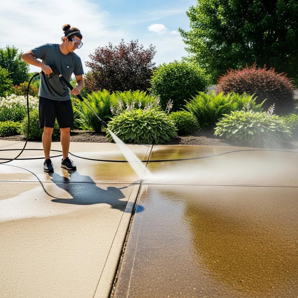 Person pressure washing a concrete driveway, demonstrating effective cleaning techniques amidst a landscaped setting with greenery.