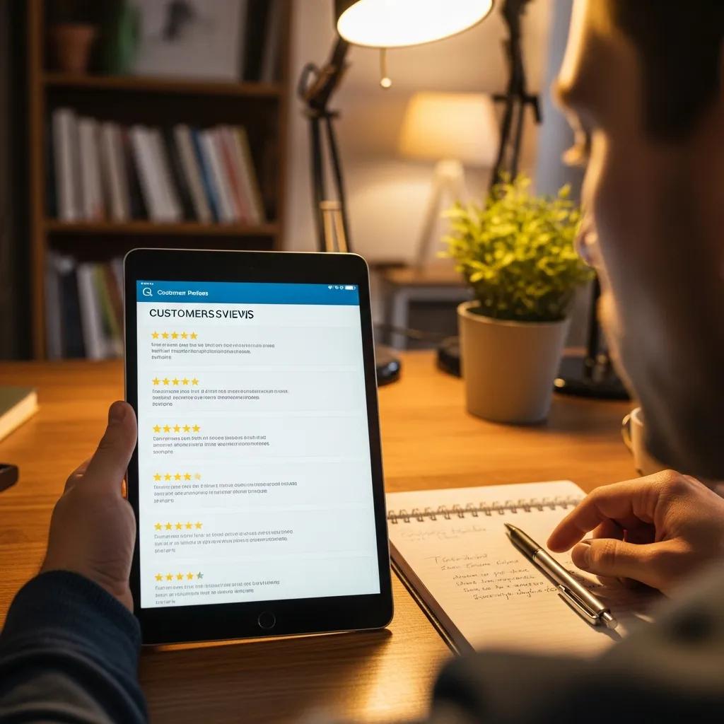 Person reading customer reviews on a tablet in a home office setting