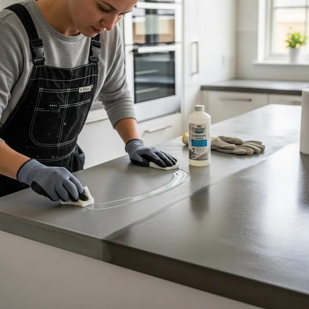 Person applying a sealer on a concrete countertop, demonstrating maintenance techniques for durability and stain resistance, with cleaning supplies and gloves visible.