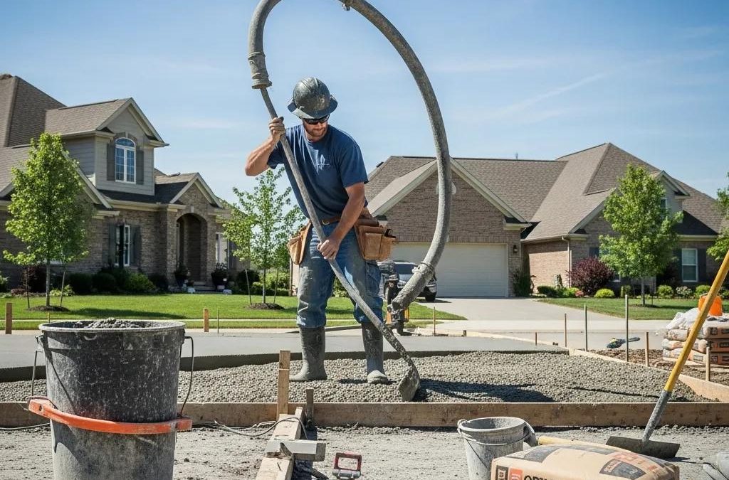 Professional concrete contractor pouring concrete for driveway installation in a suburban setting