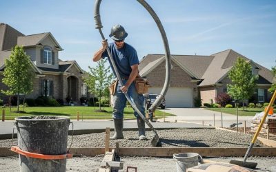 Professional concrete contractor pouring concrete for driveway installation in a suburban setting, showcasing expert craftsmanship and quality service by Morici Bros Concrete.