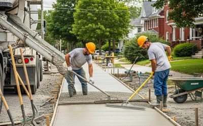 Workers pouring and smoothing freshly mixed concrete for sidewalk installation, showcasing professional concrete services in a residential area.