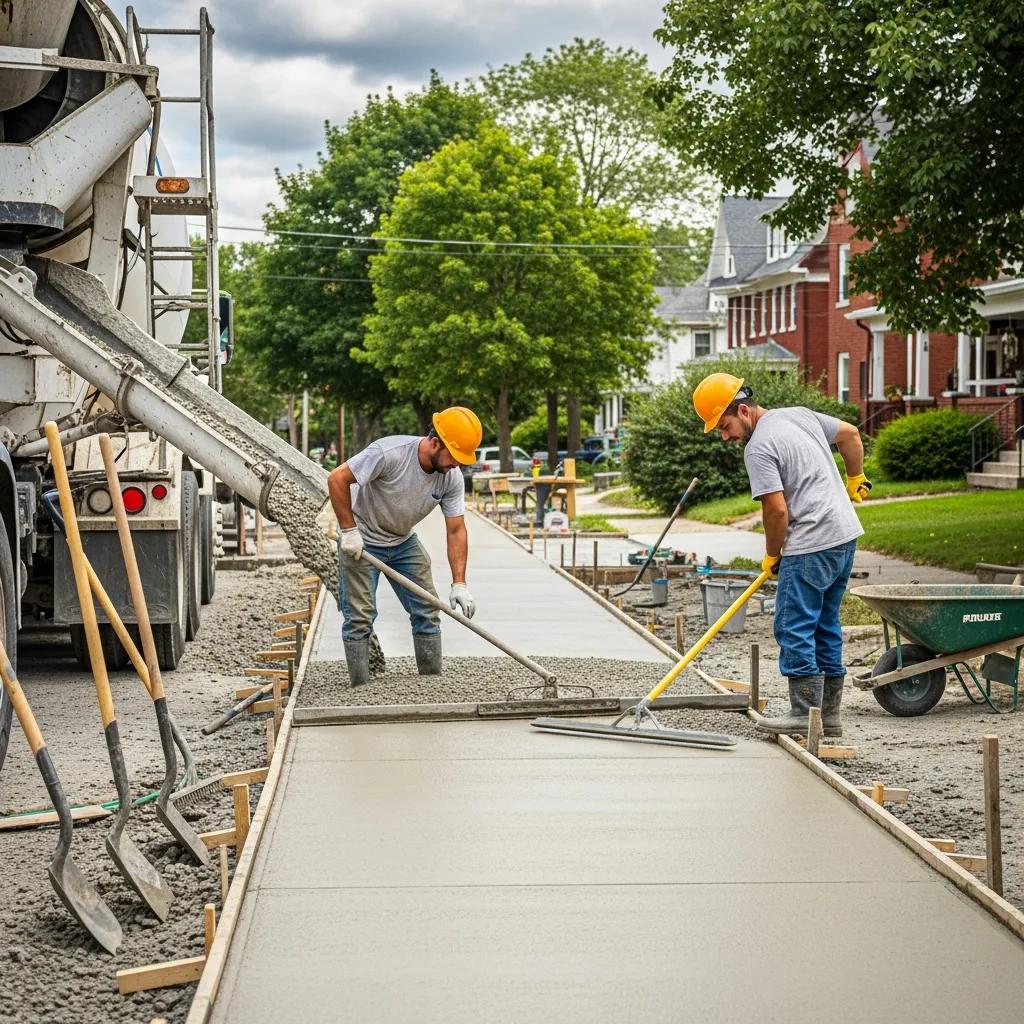 Workers pouring and smoothing concrete for sidewalk installation, showcasing professional concrete services in a residential area.